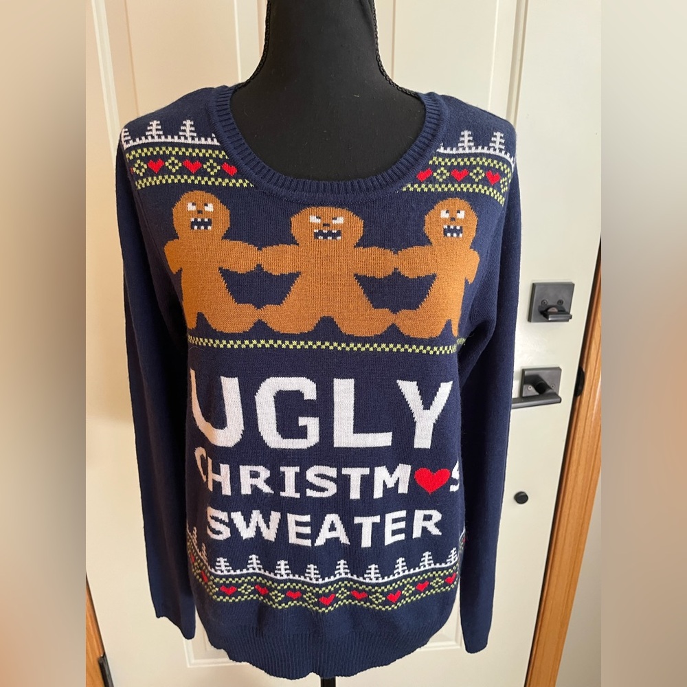 Women’s blue crew neck gingerbread funny ugly Christmas Sweater. Size medium